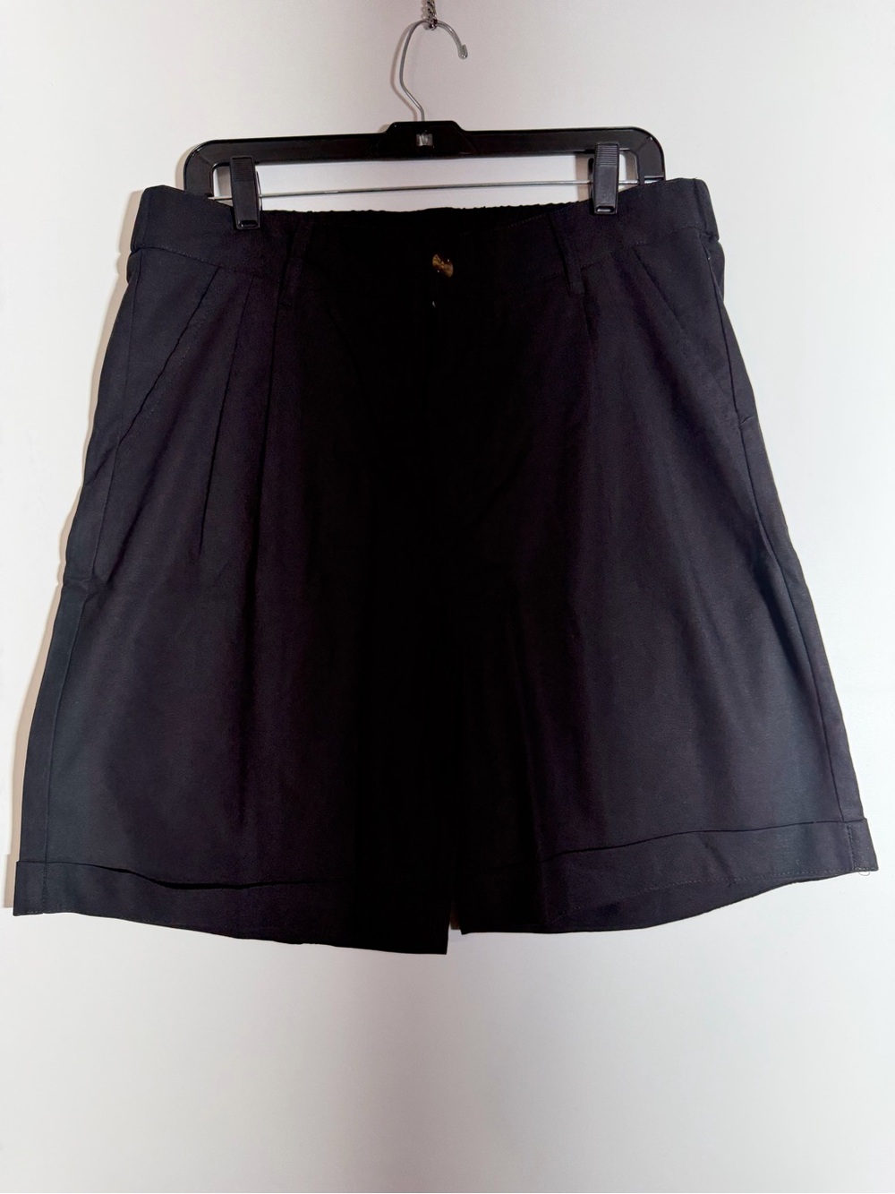 Ouku Women’s Chino Shorts L Black Cotton Linen Pleated High Rise Pockets 6"